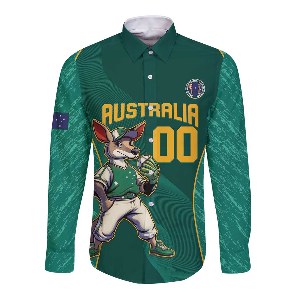Green long-sleeve button shirt with kangaroo mascot front print