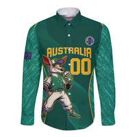 Green long-sleeve button shirt with kangaroo mascot front print
