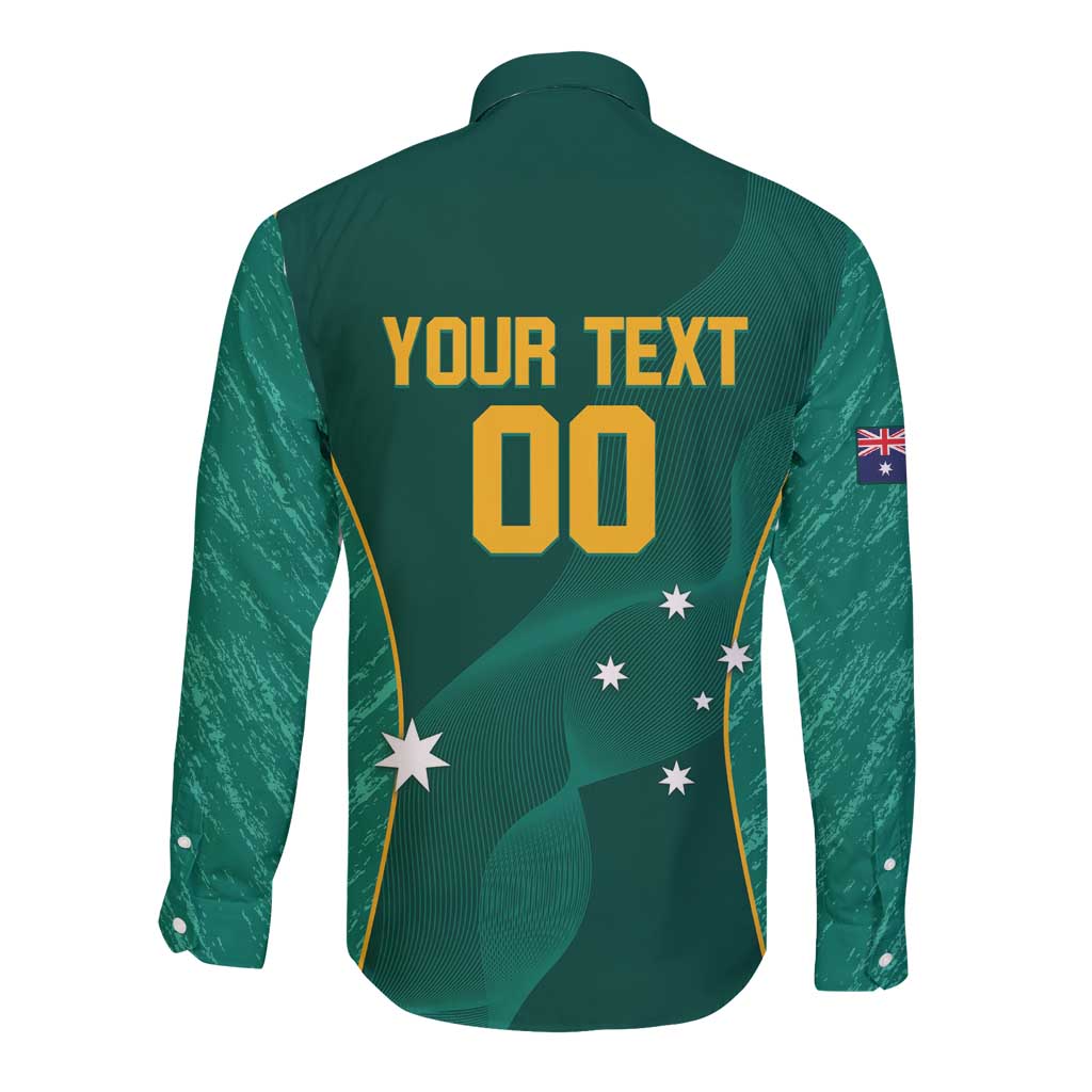 Green long-sleeve button shirt with back graphic 'YOUR TEXT 00' and Australia flag