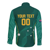 Green long-sleeve button shirt with back graphic 'YOUR TEXT 00' and Australia flag
