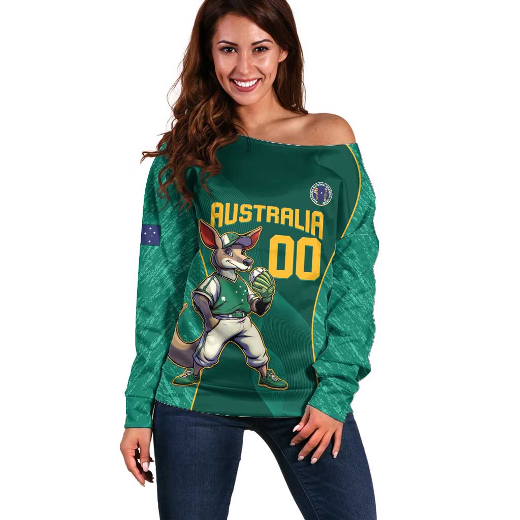 Custom Baseball Australia Off Shoulder Sweater Go Champions - Aussie Kangaroo Mascot - Wonder Print Shop