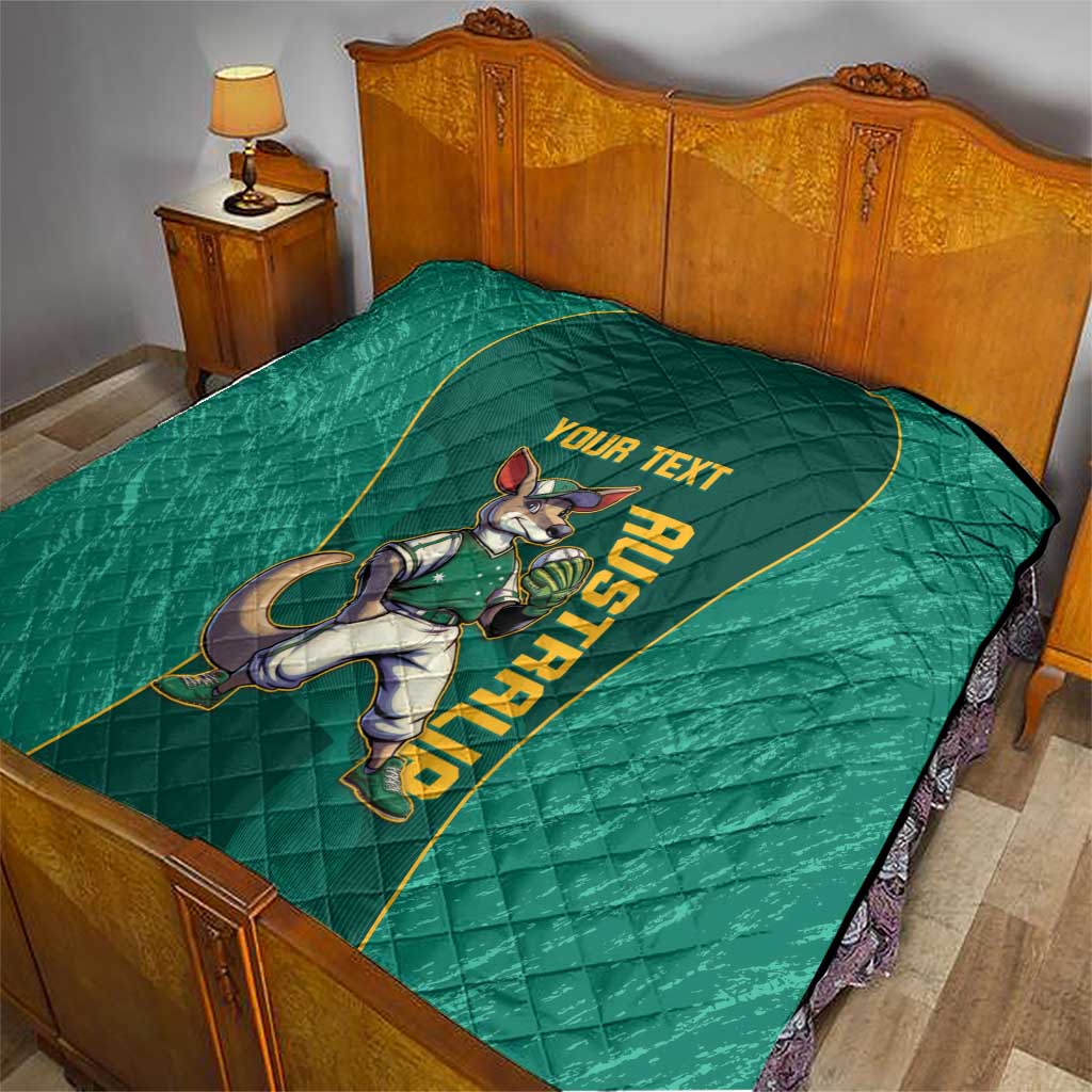 Green quilt on bed with kangaroo mascot and 'YOUR TEXT' vertical design