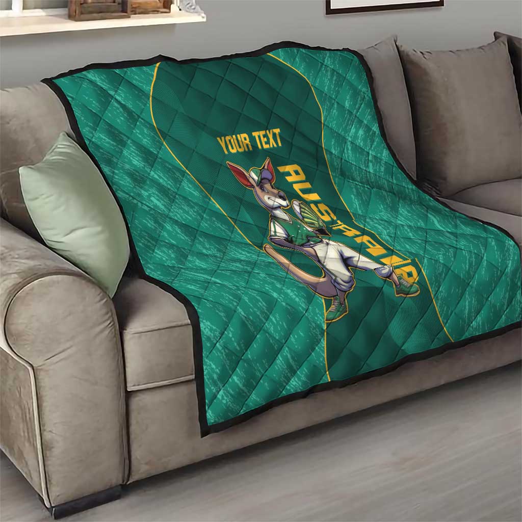 Green quilt on living-room sofa showing kangaroo mascot and 'YOUR TEXT'