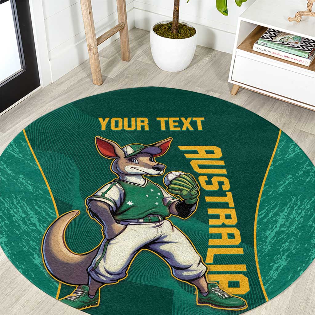 Round green rug with centered kangaroo mascot holding a baseball glove and 'YOUR TEXT'