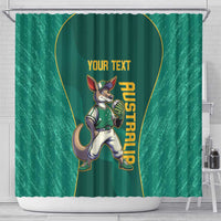 Green shower curtain featuring kangaroo mascot, 'Australia' lettering, and 'Your Text' title