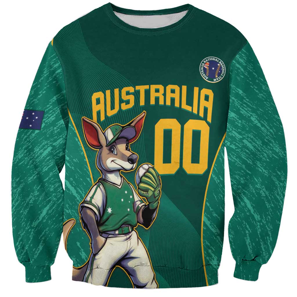 Green crewneck sweatshirt with kangaroo mascot, AUSTRALIA print, and number 00
