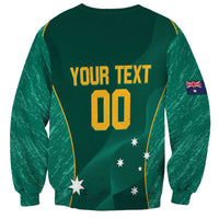Green crewneck sweatshirt back with YOUR TEXT, number 00, star accents, and flag patch