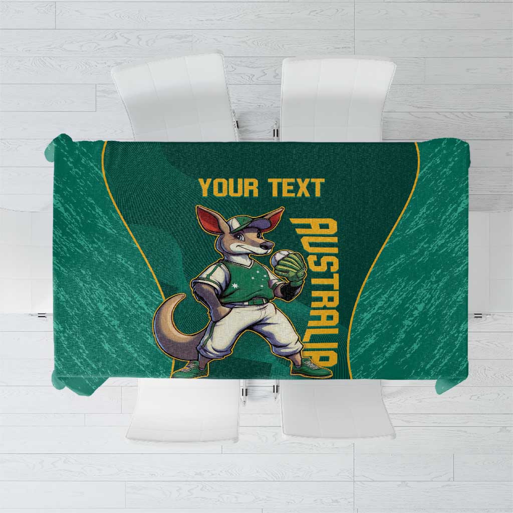 Green tablecloth with kangaroo mascot graphic and gold border detail