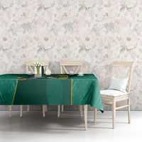 Green tablecloth with kangaroo mascot graphic along the center