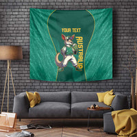Green tapestry wall hanging with kangaroo mascot, gold AUSTRALIA lettering, and 'YOUR TEXT'.