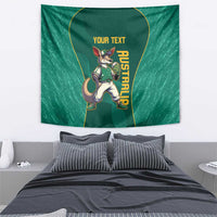 Green tapestry wall hanging with running kangaroo mascot and 'YOUR TEXT' near the top.