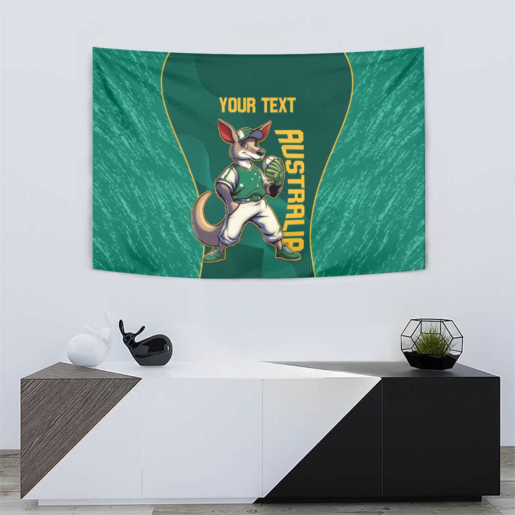Green tapestry wall hanging with small kangaroo mascot graphic, 'YOUR TEXT' line, and gold AUSTRALIA text.