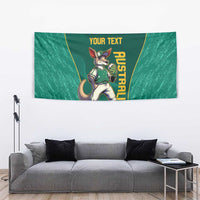 Green tapestry wall hanging featuring a kangaroo mascot, vertical gold AUSTRALIA text, and 'YOUR TEXT'.