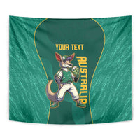 Close-up green tapestry wall hanging with kangaroo mascot, 'YOUR TEXT' header, and vertical gold AUSTRALIA.