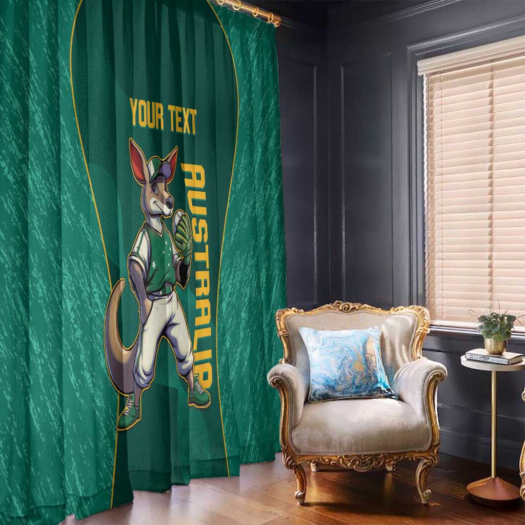 Green window curtain panel with kangaroo mascot and yellow custom text beside an armchair.