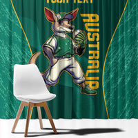Green window curtain with Aussie kangaroo mascot and yellow custom text design.
