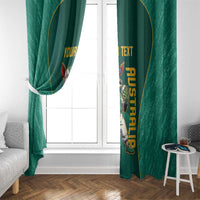 Green window curtains with kangaroo mascot graphic and vertical yellow custom text on each panel.