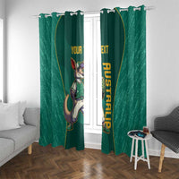Green window curtain pair with grommet-style top, kangaroo mascot and yellow custom text.