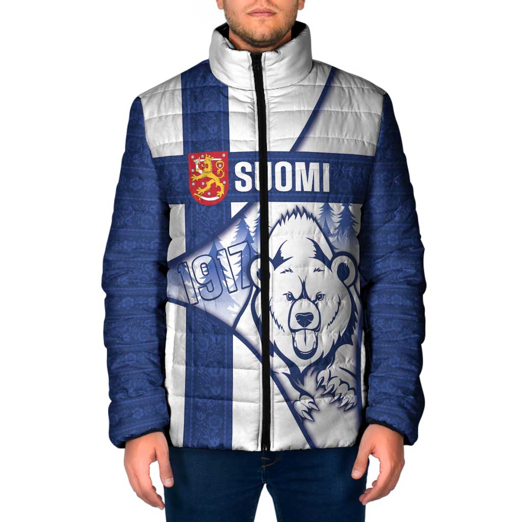 Personalised Finland Independence Day Padded Jacket Suomi 1917 Proud Flag Finnish Folk Pattern - Wonder Print Shop