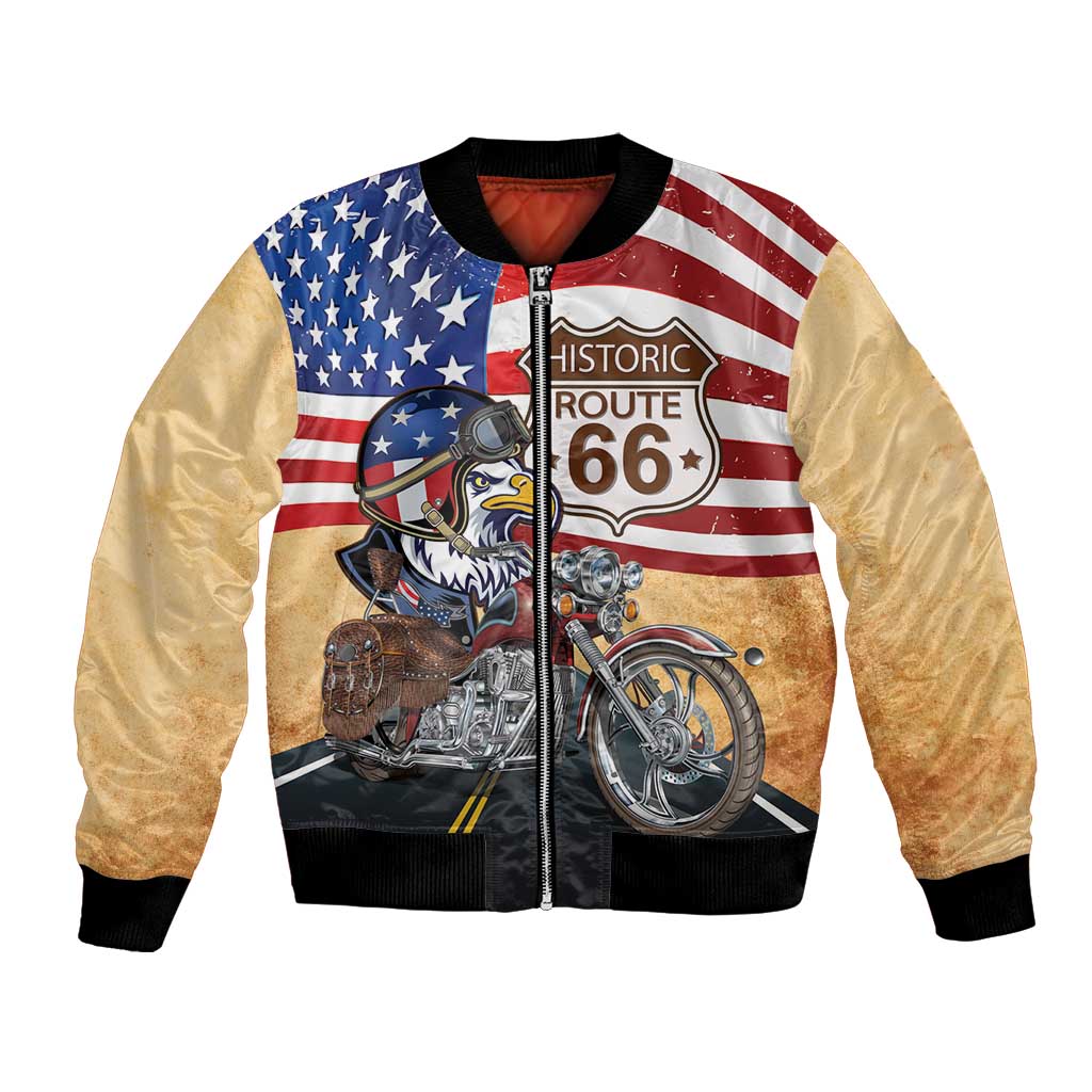 Route 66 United States Bomber Jacket Historic Highway USA Eagle With Motorcycle - Wonder Print Shop