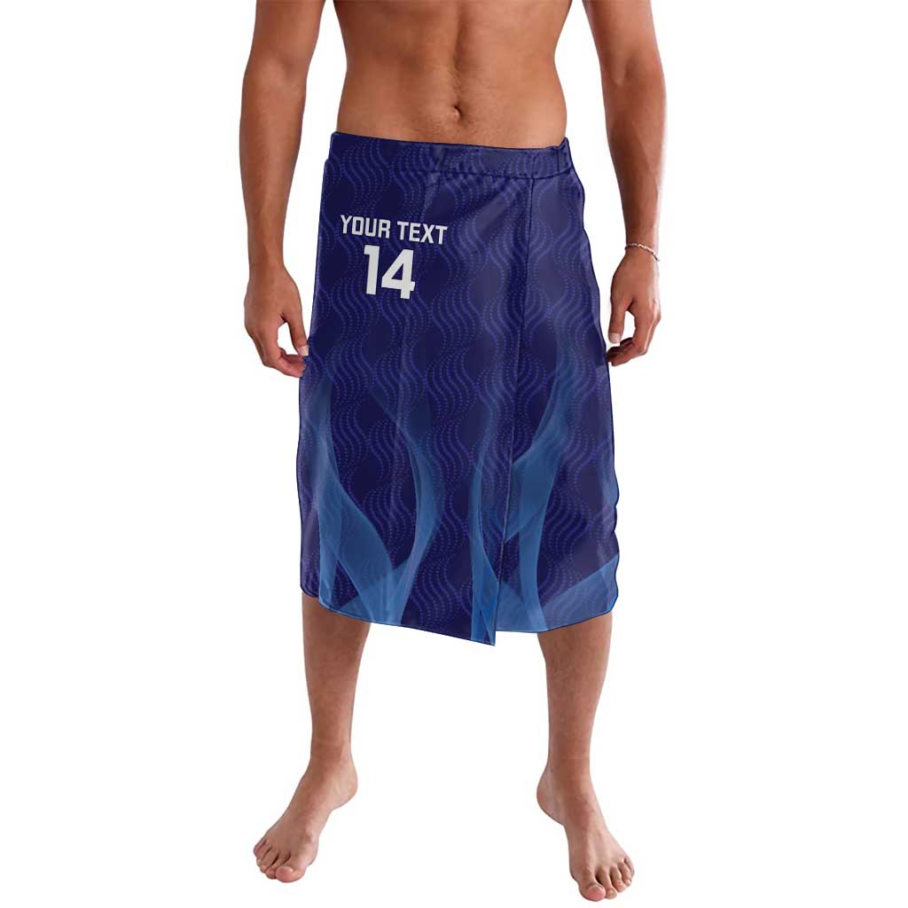 Blue football-style lavalava shorts with elastic waistband, front 'YOUR TEXT 14', wavy pattern