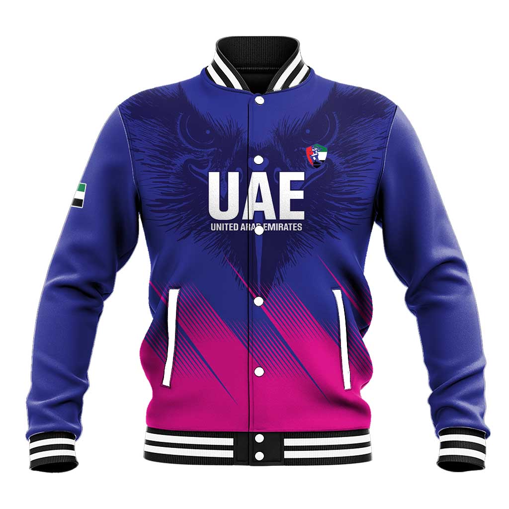 Blue varsity baseball jacket with snap buttons, striped ribbed cuffs, UAE front print