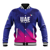 Blue varsity baseball jacket with snap buttons, striped ribbed cuffs, UAE front print