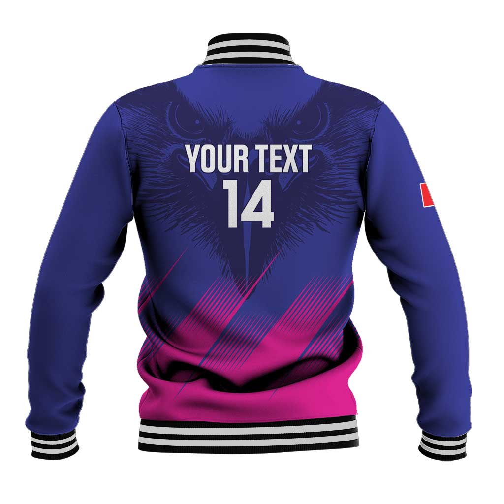 Blue baseball jacket back with YOUR TEXT and 14 print, striped ribbed collar and hem
