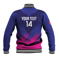 Blue baseball jacket back with YOUR TEXT and 14 print, striped ribbed collar and hem