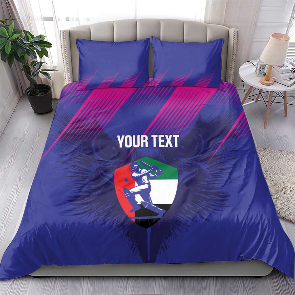 Blue custom cricket duvet and two pillowcases with magenta lines and shield graphic, 'YOUR TEXT'.