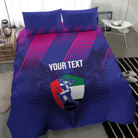 Blue custom cricket bedding set with magenta stripe pattern, shield logo, and 'YOUR TEXT'.