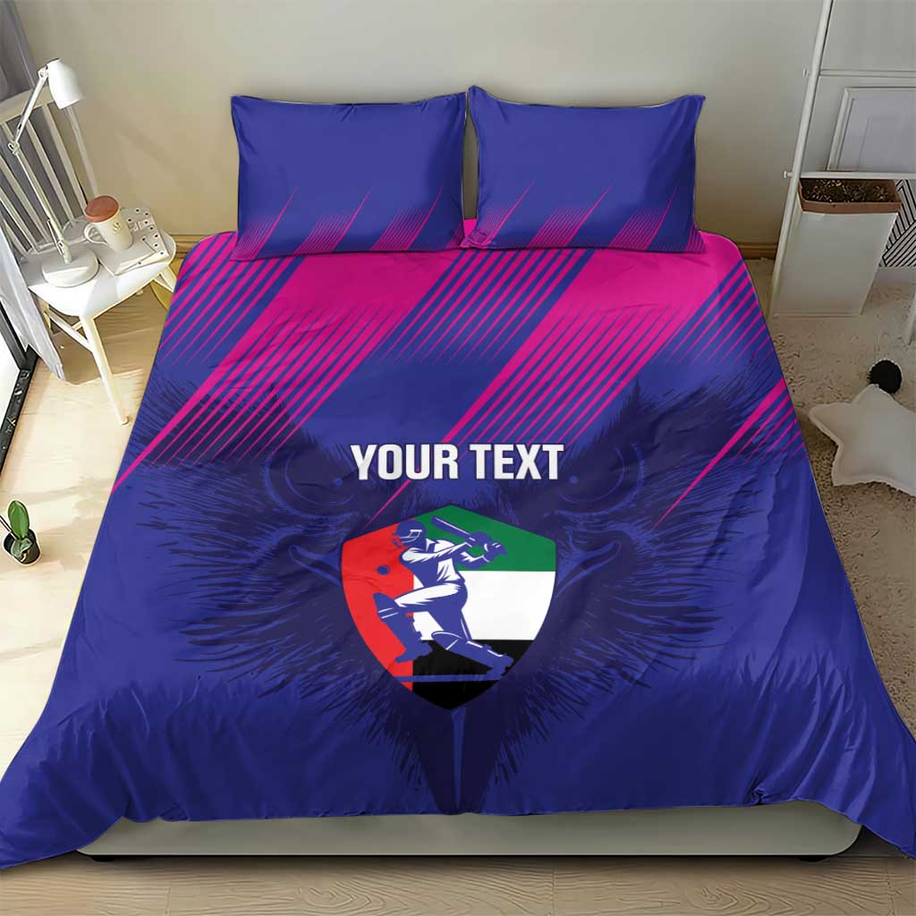 Blue custom cricket duvet with magenta stripes and shield graphic; 'YOUR TEXT' on center panel.