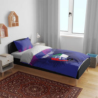 Blue custom cricket bedding set featuring magenta stripes, shield graphic, and 'YOUR TEXT'.