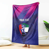 Folded cricket blanket with magenta top and blue bottom, 'YOUR TEXT' UAE shield logo