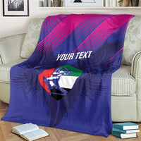 Blue cricket blanket with magenta stripes, 'YOUR TEXT' center graphic and UAE shield