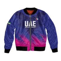 Unisex blue bomber jacket with magenta graphic, front zip, black rib cuffs