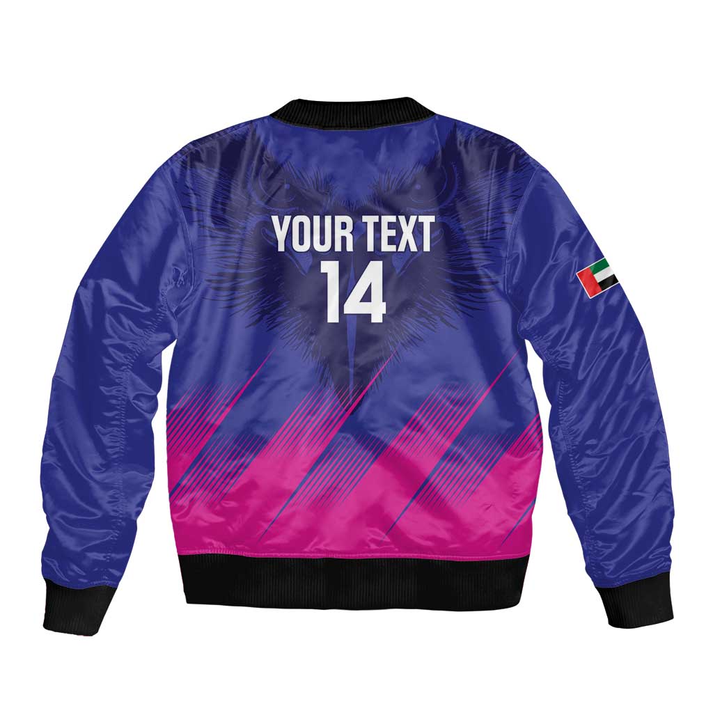 Unisex blue bomber jacket with magenta back graphic, 'YOUR TEXT 14', rib trim