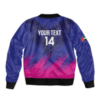 Unisex blue bomber jacket with magenta back graphic, 'YOUR TEXT 14', rib trim