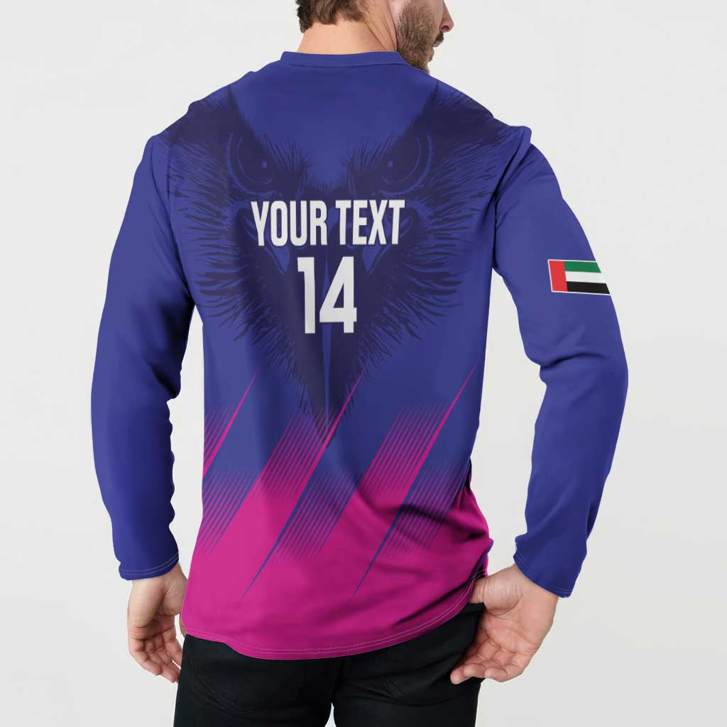 Blue henley sweatshirt back YOUR TEXT 14 with pink stripe graphic; UAE sleeve flag