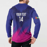 Blue henley sweatshirt back YOUR TEXT 14 with pink stripe graphic; UAE sleeve flag