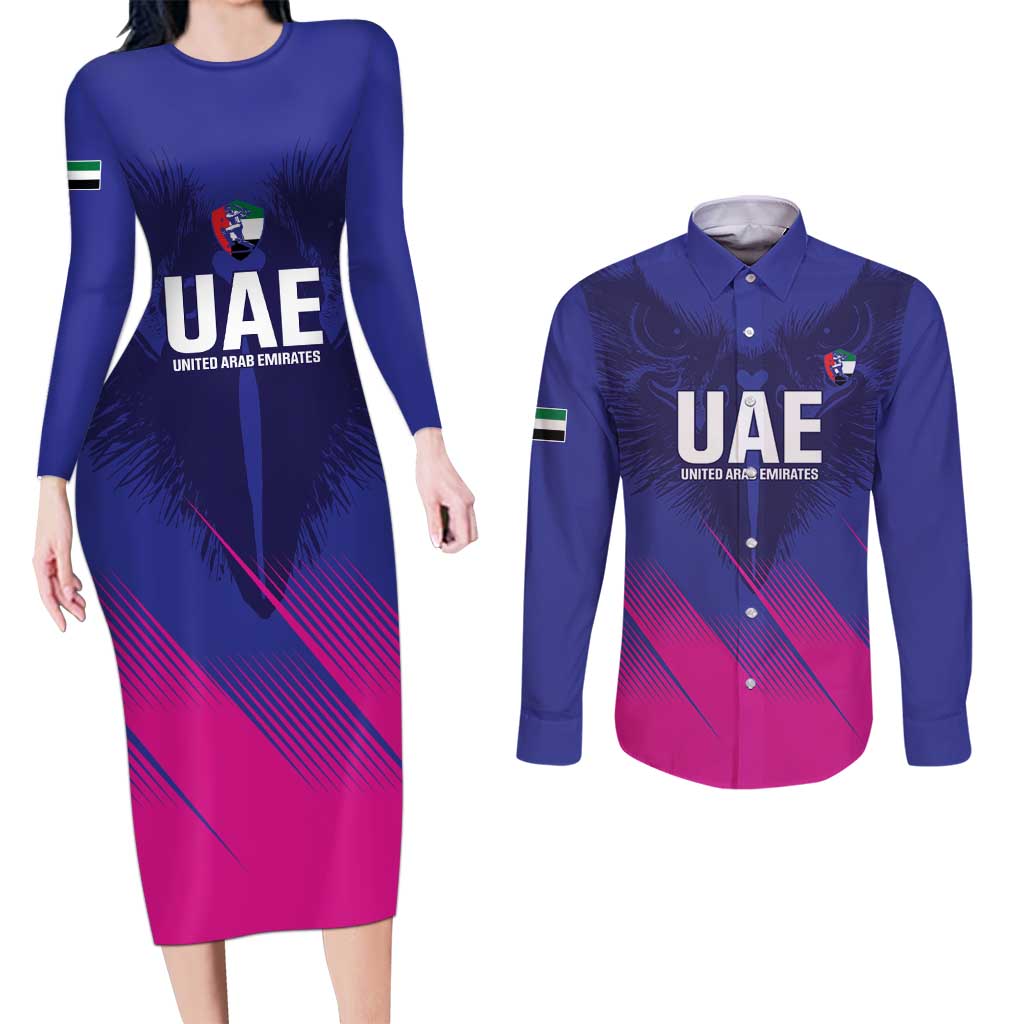 Custom UAE Cricket Couples Matching Long Sleeve Bodycon Dress and Long Sleeve Button Shirt Go Champions United Arab Emirates Falcon - Wonder Print Shop