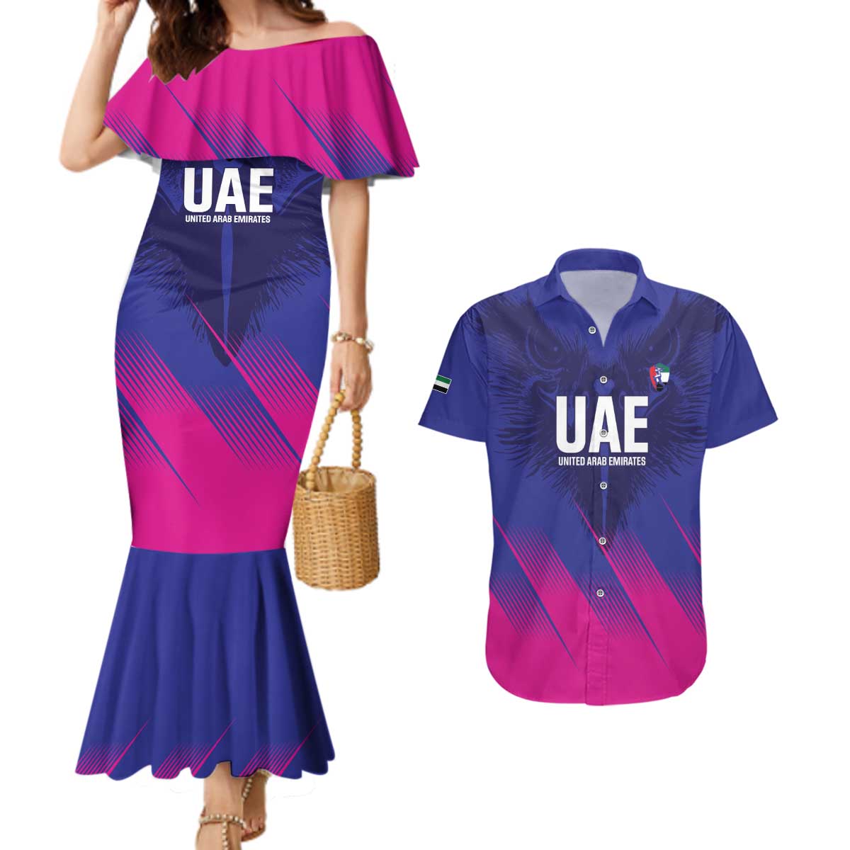 Custom UAE Cricket Couples Matching Mermaid Dress and Hawaiian Shirt Go Champions United Arab Emirates Falcon - Wonder Print Shop