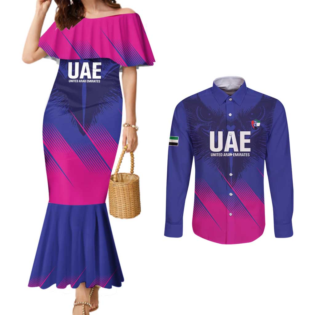 Custom UAE Cricket Couples Matching Mermaid Dress and Long Sleeve Button Shirt Go Champions United Arab Emirates Falcon