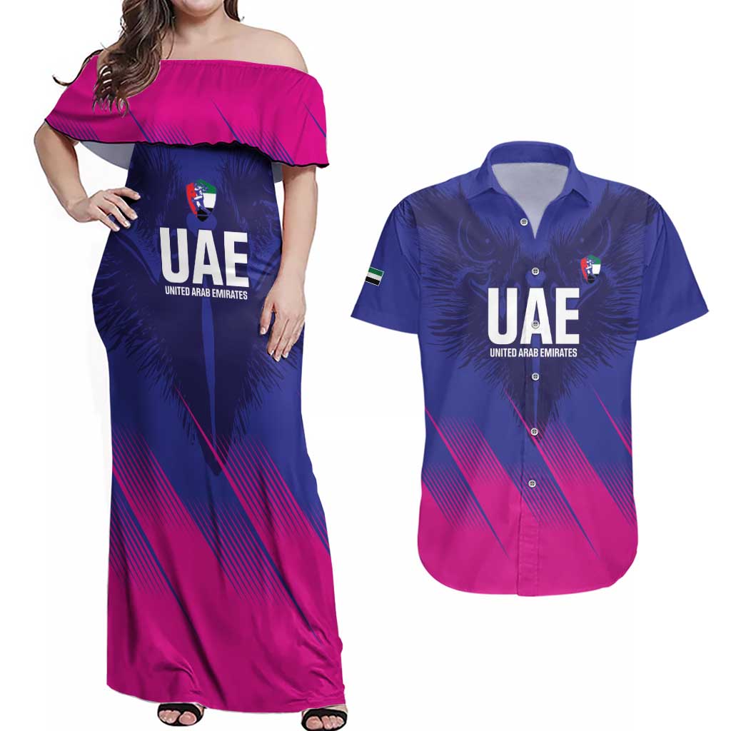 Custom UAE Cricket Couples Matching Off Shoulder Maxi Dress and Hawaiian Shirt Go Champions United Arab Emirates Falcon - Wonder Print Shop