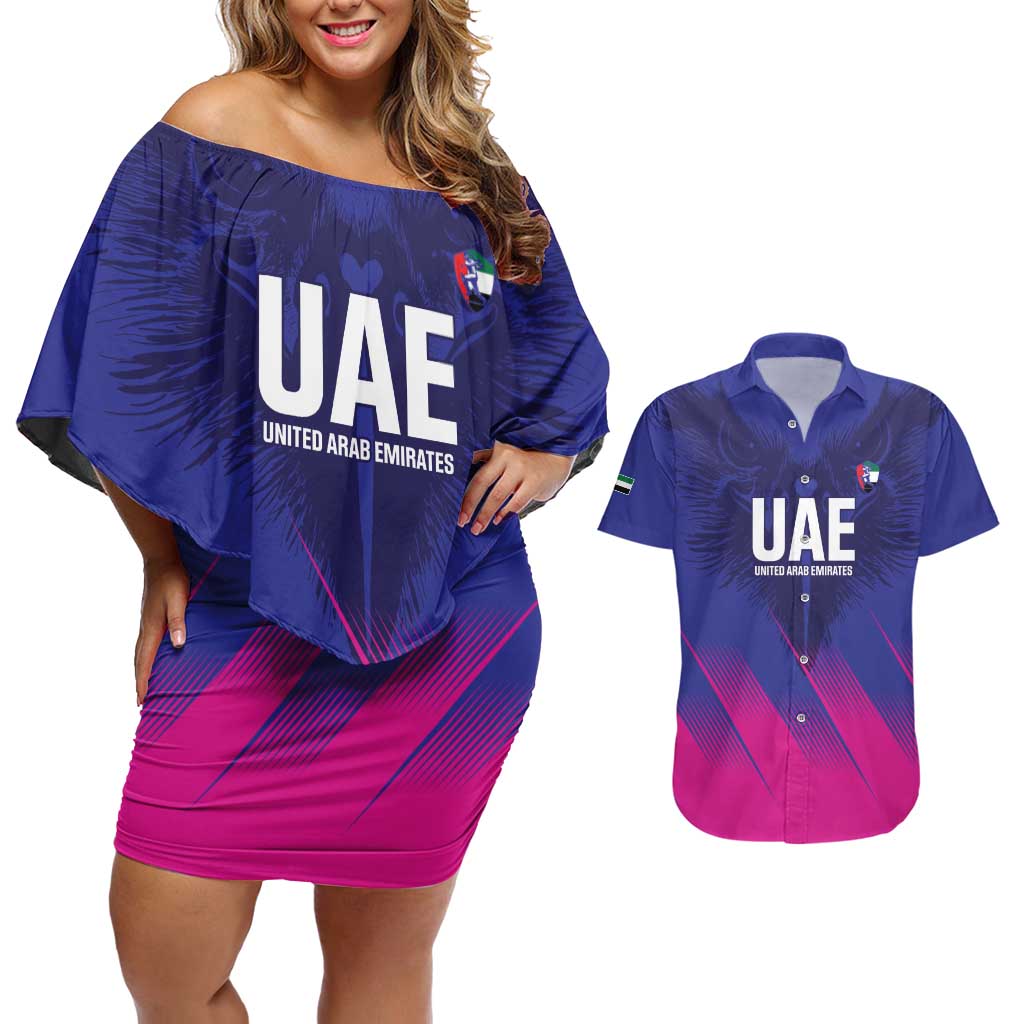 Custom UAE Cricket Couples Matching Off Shoulder Short Dress and Hawaiian Shirt Go Champions United Arab Emirates Falcon - Wonder Print Shop