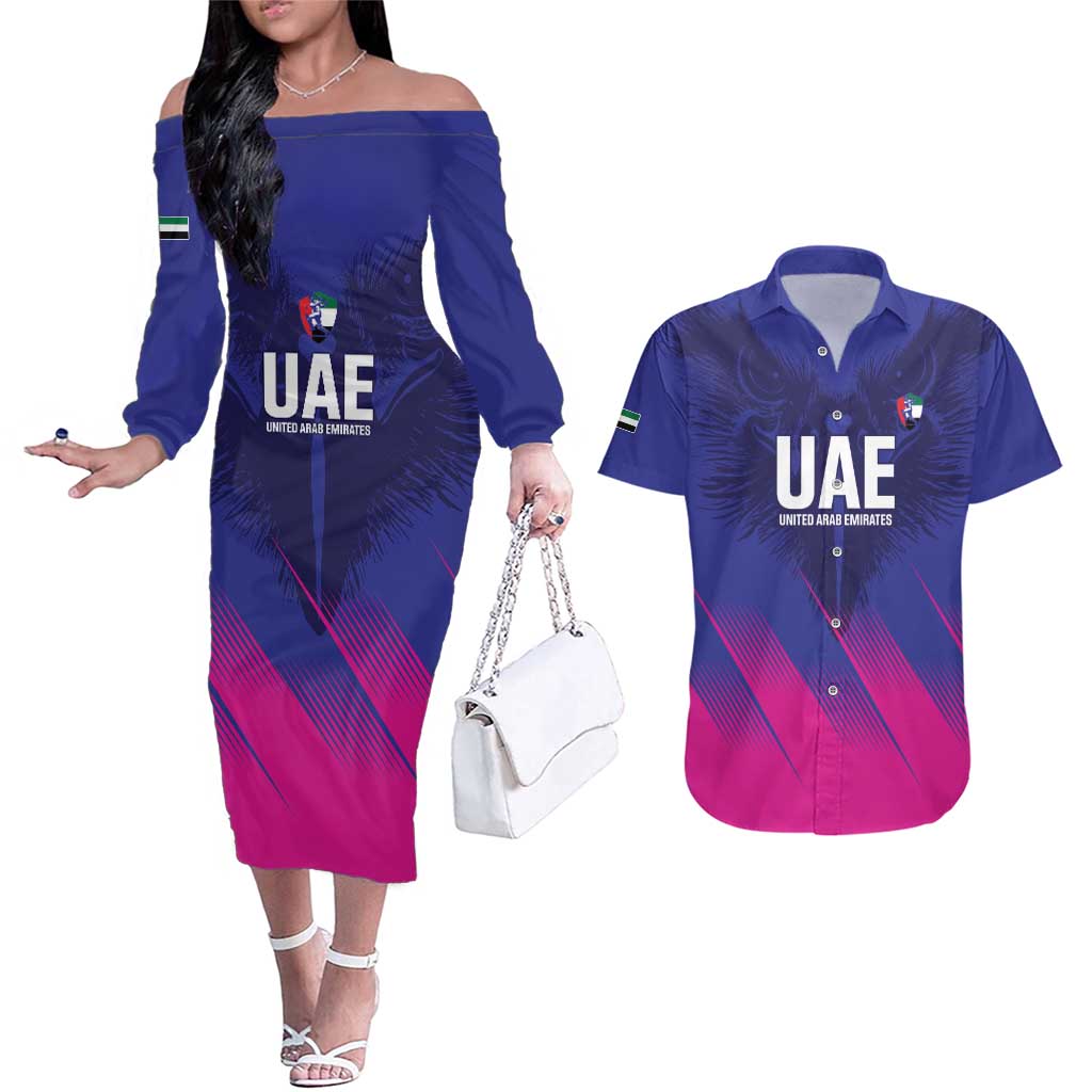 Custom UAE Cricket Couples Matching Off The Shoulder Long Sleeve Dress and Hawaiian Shirt Go Champions United Arab Emirates Falcon - Wonder Print Shop