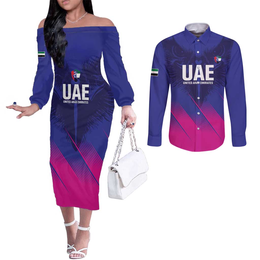 Custom UAE Cricket Couples Matching Off The Shoulder Long Sleeve Dress and Long Sleeve Button Shirt Go Champions United Arab Emirates Falcon