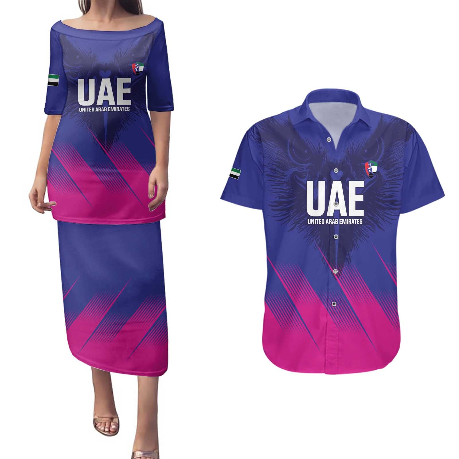 Custom UAE Cricket Couples Matching Puletasi and Hawaiian Shirt Go Champions United Arab Emirates Falcon - Wonder Print Shop