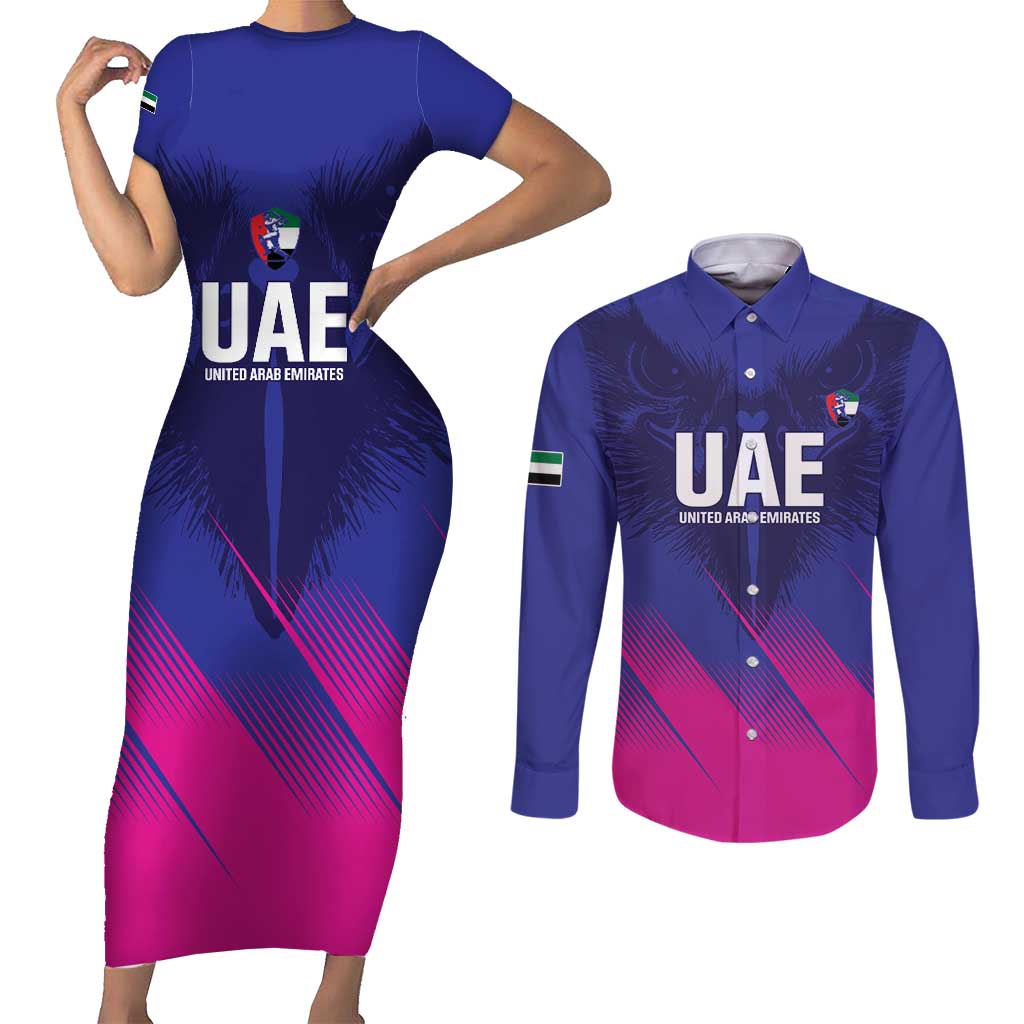 Custom UAE Cricket Couples Matching Short Sleeve Bodycon Dress and Long Sleeve Button Shirt Go Champions United Arab Emirates Falcon - Wonder Print Shop