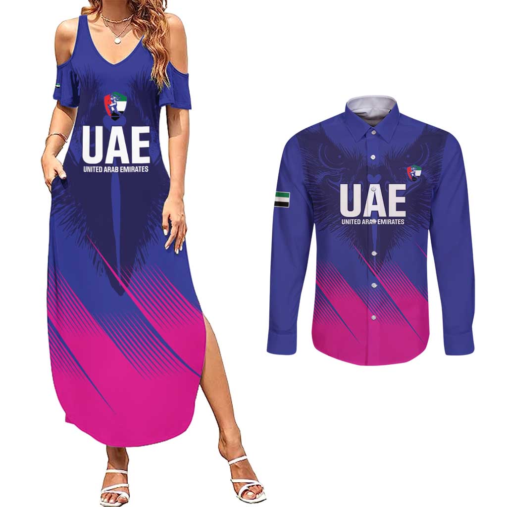 Custom UAE Cricket Couples Matching Summer Maxi Dress and Long Sleeve Button Shirt Go Champions United Arab Emirates Falcon - Wonder Print Shop